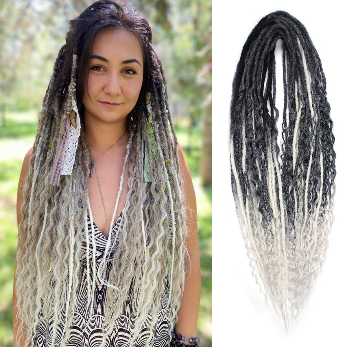 24 Inch 3 In 1 Dreadlock Extensions Sets, 30 Strands Mixed Gray to White Synthetic DE Dreads Extensions, 100% Handmade Soft Double Ended Curly Boho Wavy Dreads for Girls