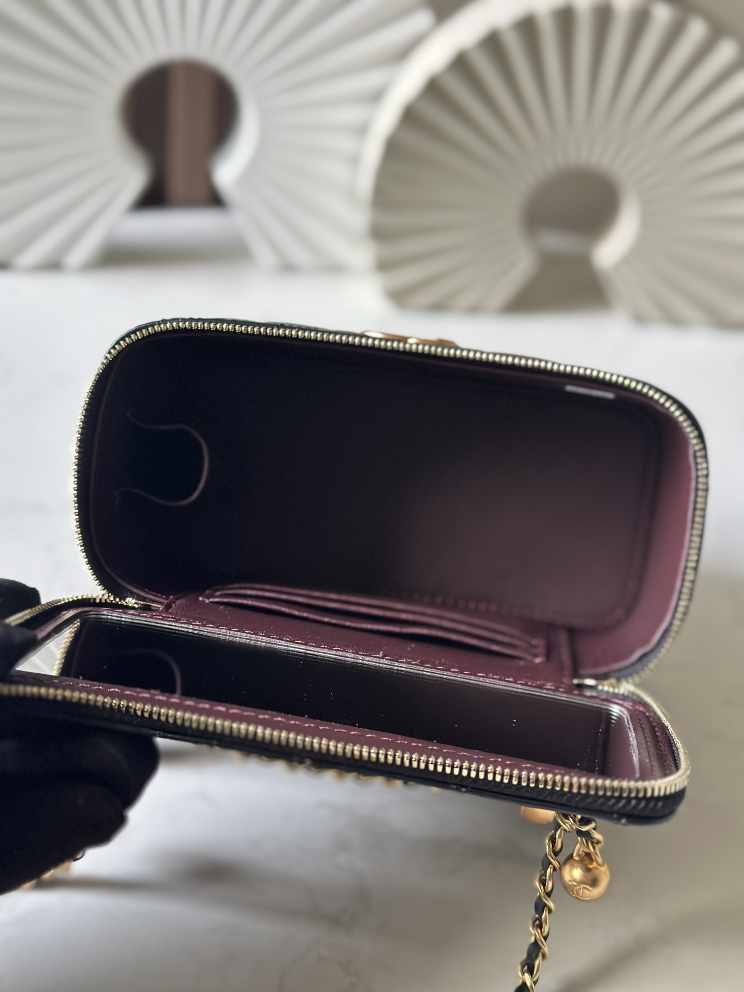 Black Shiny Lambskin Quilted Vanity Case (Long Style) with Double Gold Pearl Chain Hardware - Mocuir