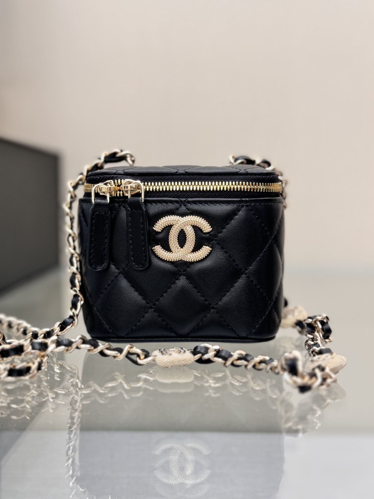 Mini Vanity Case with Chain in Black Quilted Calfskin with Crystal CC Logo & Light Gold-Tone Hardware - Mocuir