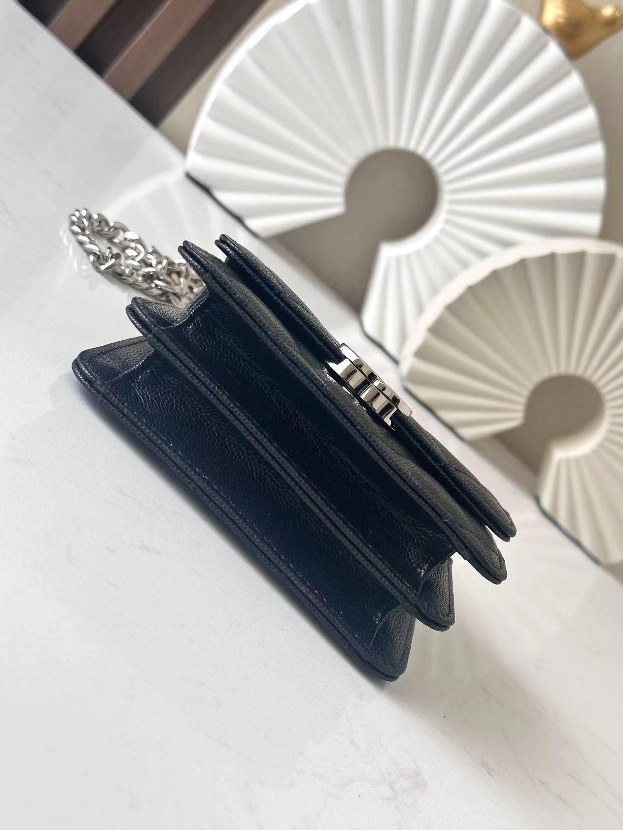 Classic Quilted Caviar Mini Flap Bag with Top Handle Chain in Black (Silver Hardware) - Mocuir