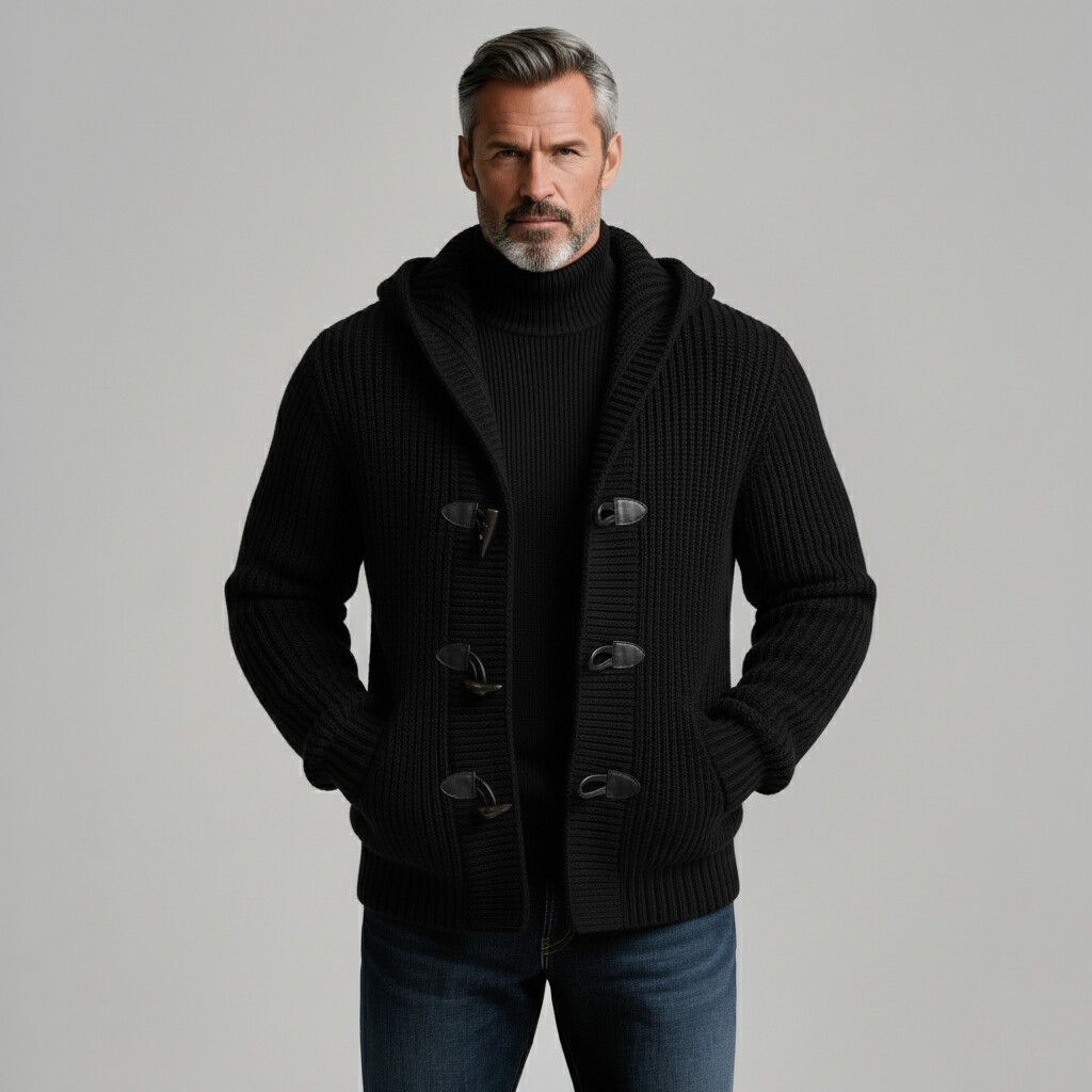 Men's Black Chunky Knit Long Sleeve Pockets Hooded Toggle Sweater Cardigan