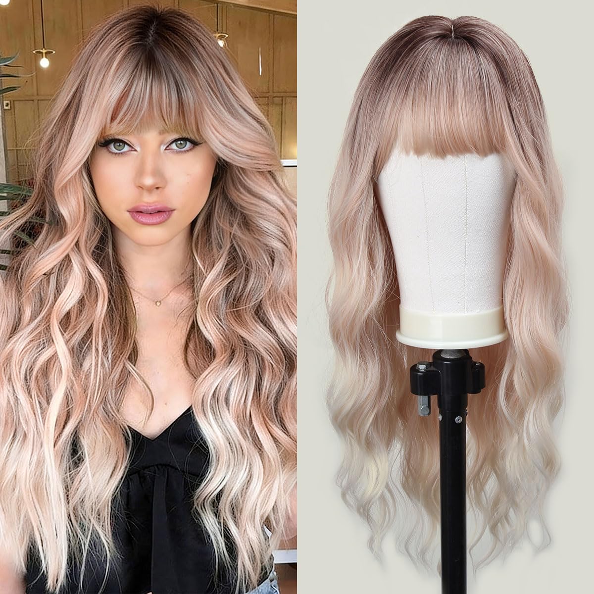 Pink Blonde Wig with Bangs 26 Inch Long Curly Wavy Wigs for Women Begineer-friendly Synthetic Wig for Daily Party Holiday Use