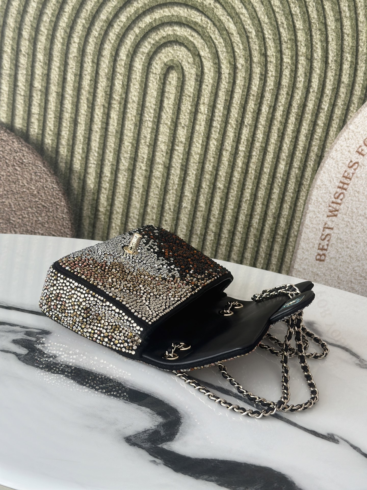 Classic Flap Mini Bag in Black Ombré Strass Crystal Embellished Suede (Gold Hardware) - Mocuir