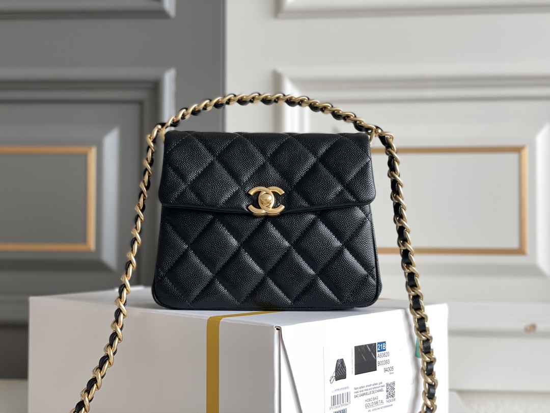 Classic Flap Mini Bag with Chain Handle in Black Quilted Grained Calfskin (Caviar) with Light Gold-Tone Hardware (Model AS5701) - Mocuir