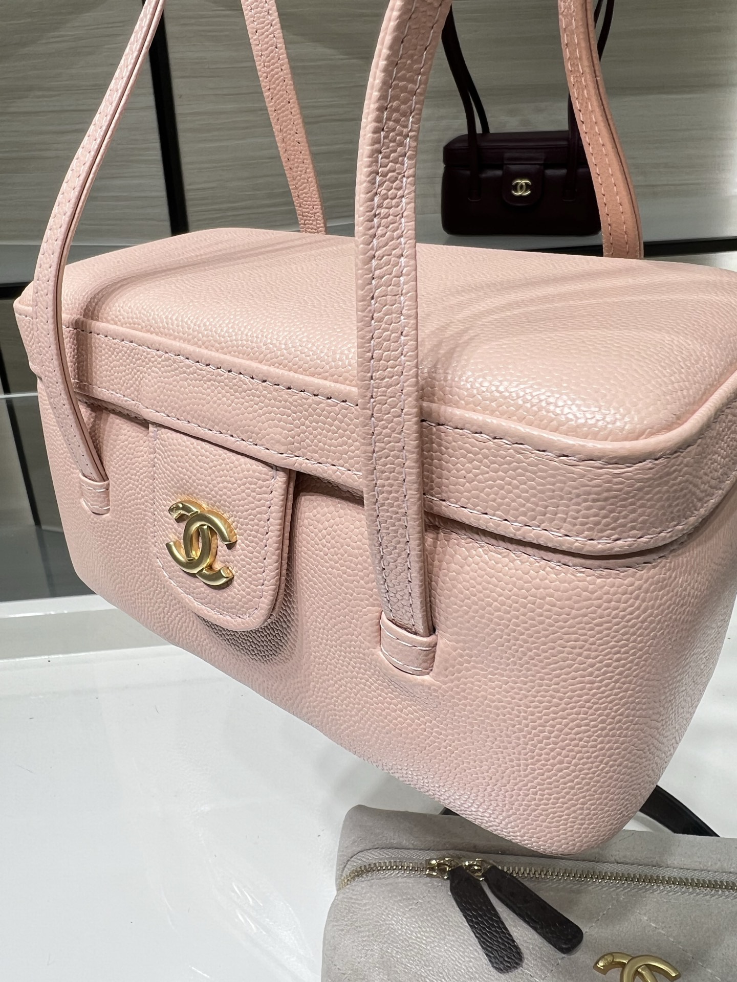 26P Preppy Coco Pink Quilted Caviar Leather Long Vanity Handbag with Gold-Tone Hardware - Mocuir