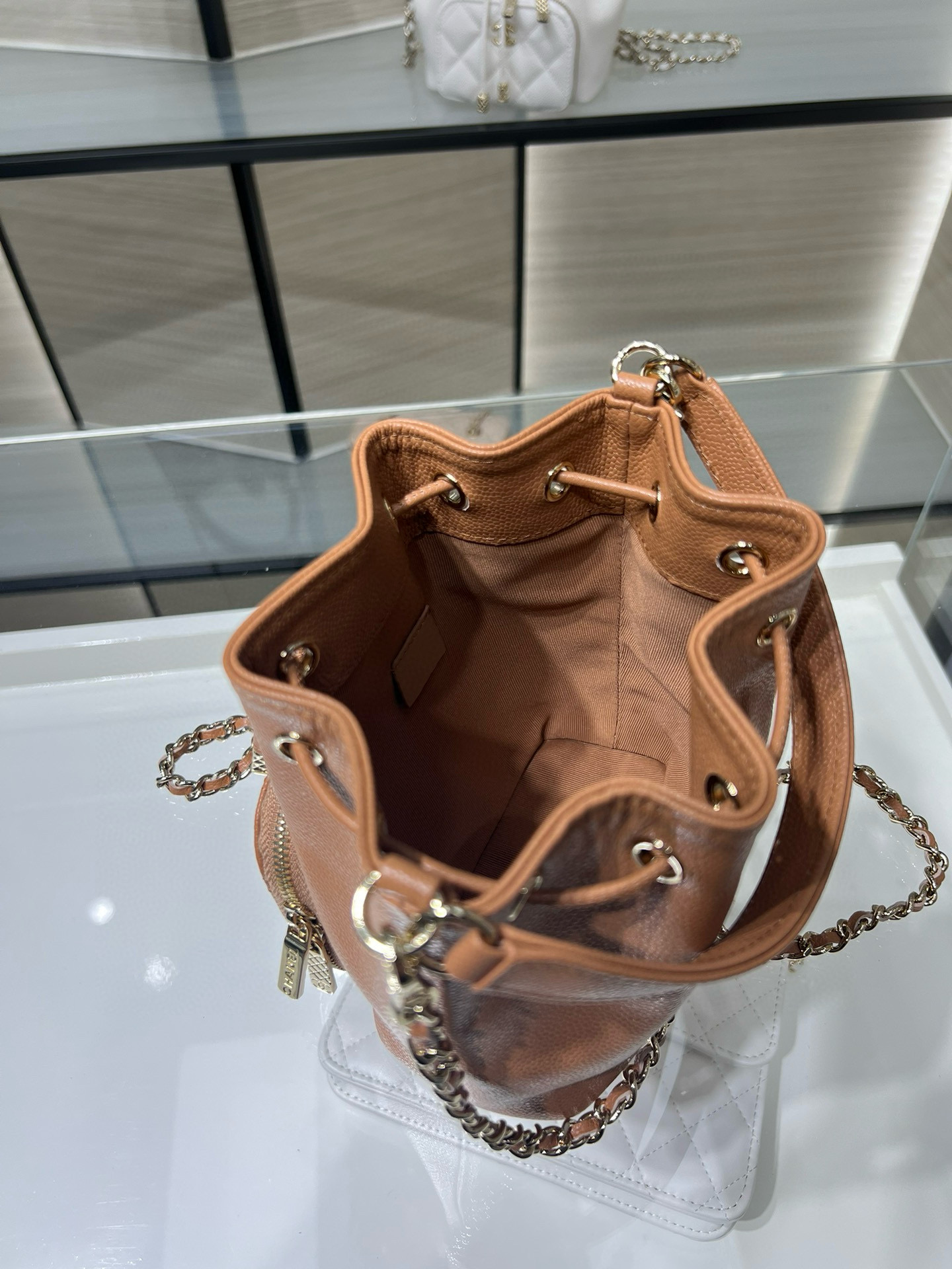Small Drawstring Bucket Bag in Apricot Quilted Grained Calfskin with Gold-Tone Metal (Model AP4775) - Mocuir
