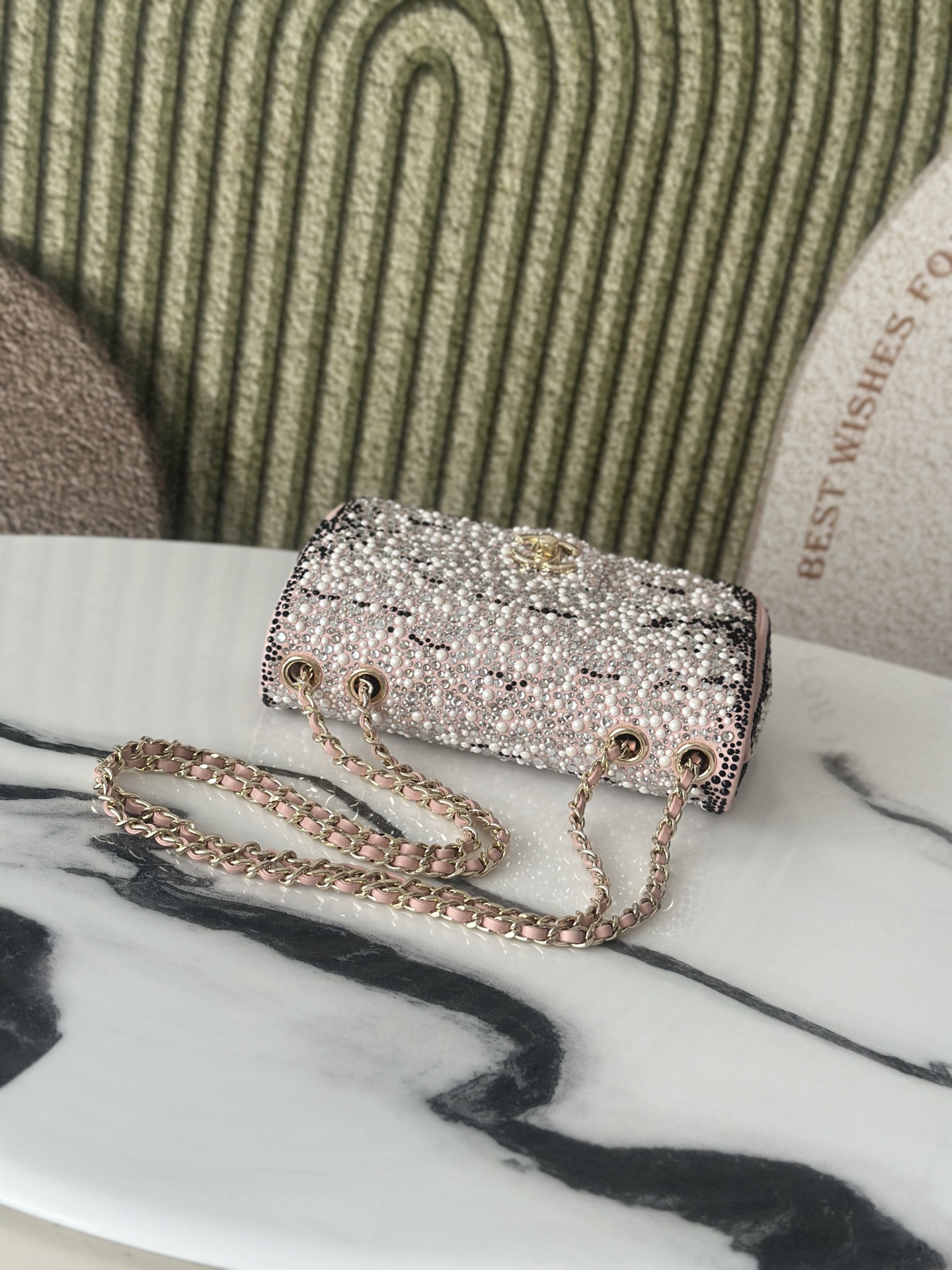 24C25C Small Classic Flap Bag in Sakura Pink Crystal & Pearl Embellished Lambskin with Leopard Pattern & Light Gold-Tone Hardware - Mocuir