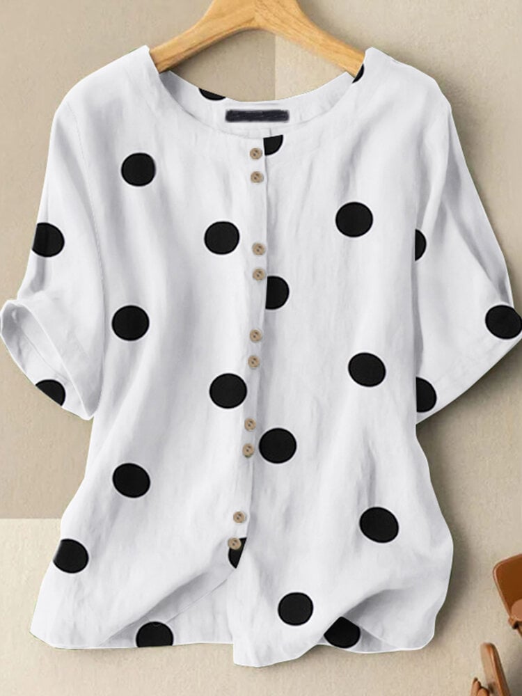 Dot Print Button Front Crew Neck Half Sleeve Blouse