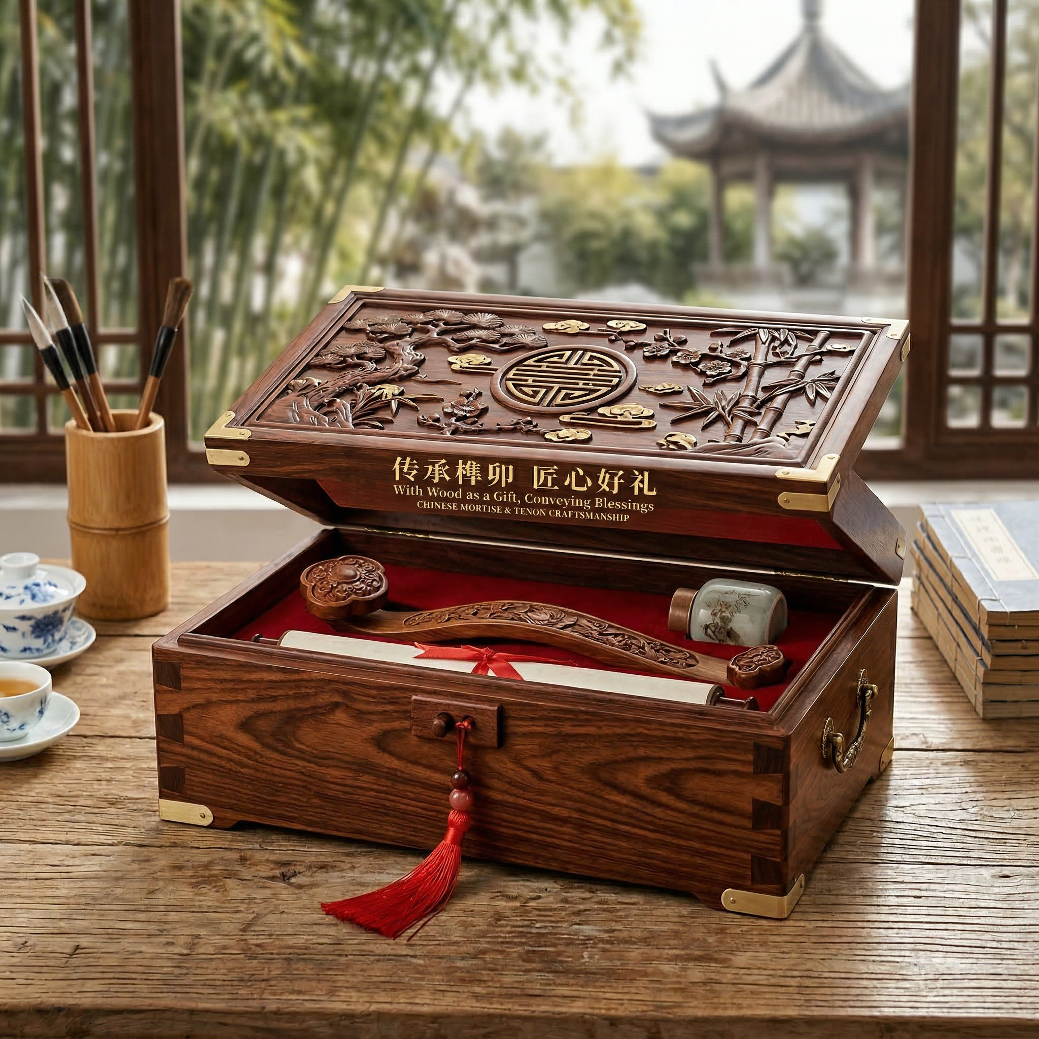 Kind-hearted Gifts: Exclusive Customized Mortise-and-Tenon Gift Box  心意好礼·专属榫卯定制礼盒，支持定制化祝福，贴合中式礼赠场景，实现文化传播与情感传递的双重价值