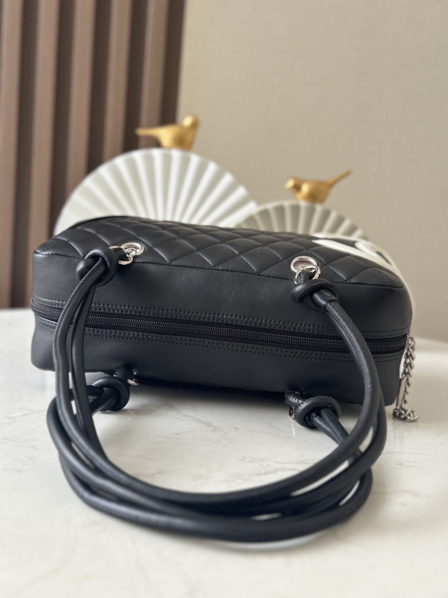 Black & White Quilted Cambon Bowling Bag with Silver Hardware - Mocuir