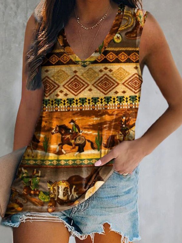 Vintage Geometric Print V-Neck T-Shirt