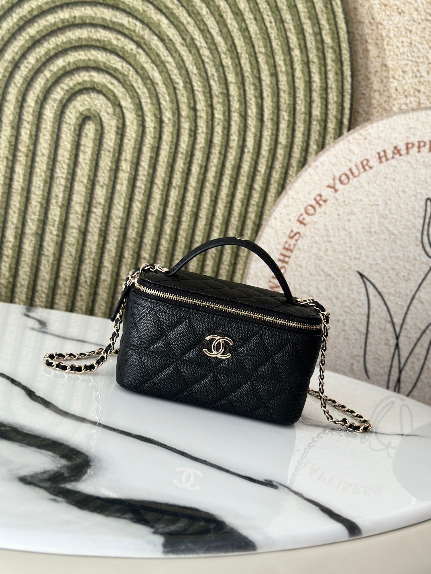 Mini Rectangular Vanity Case with Top Handle in Black Quilted Caviar Leather with Gold-Tone Hardware - Mocuir