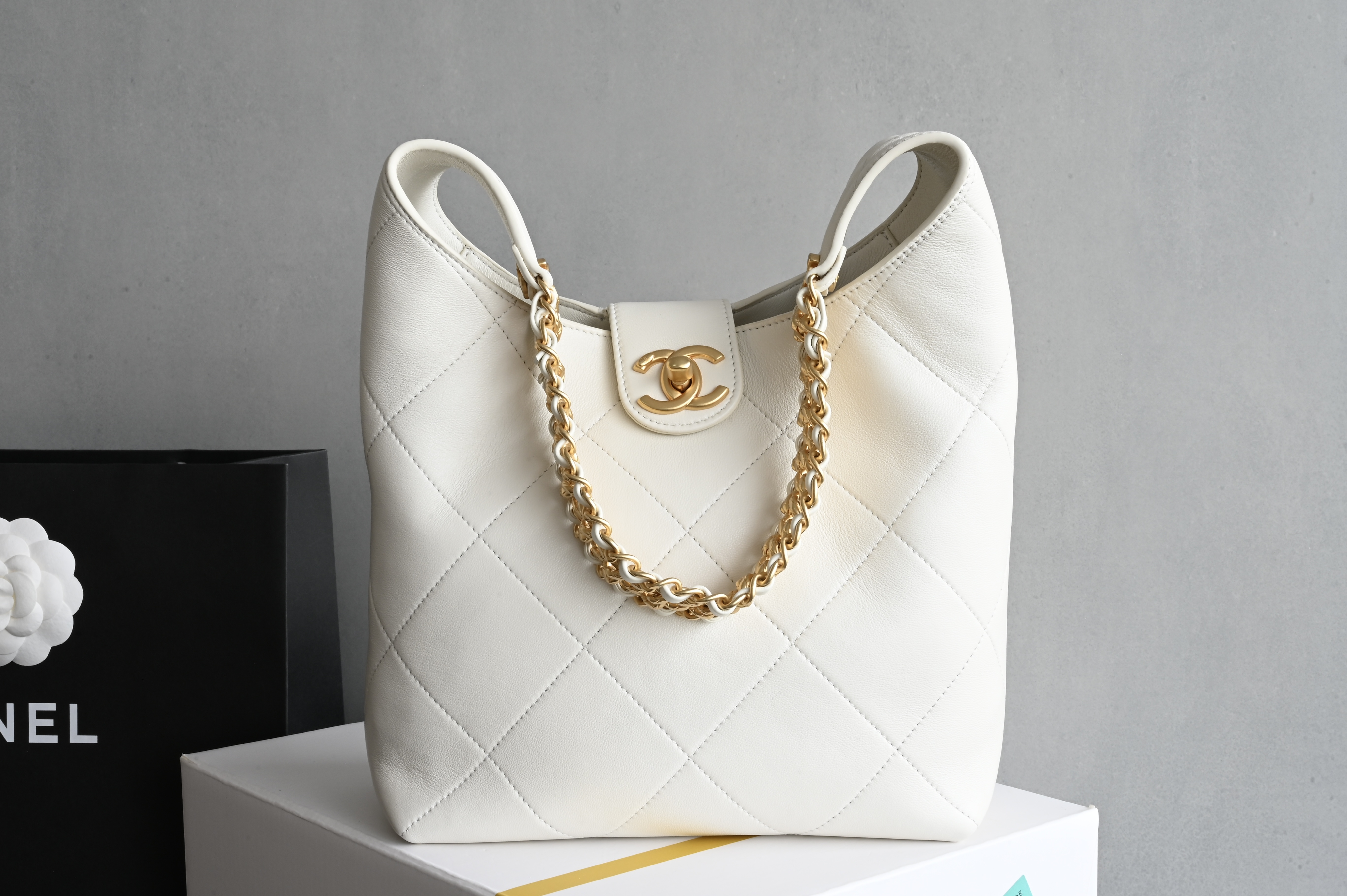 MAXI HOBO Bag in White Shiny Lambskin with Gold-Tone Hardware (Model AS5838) - Mocuir
