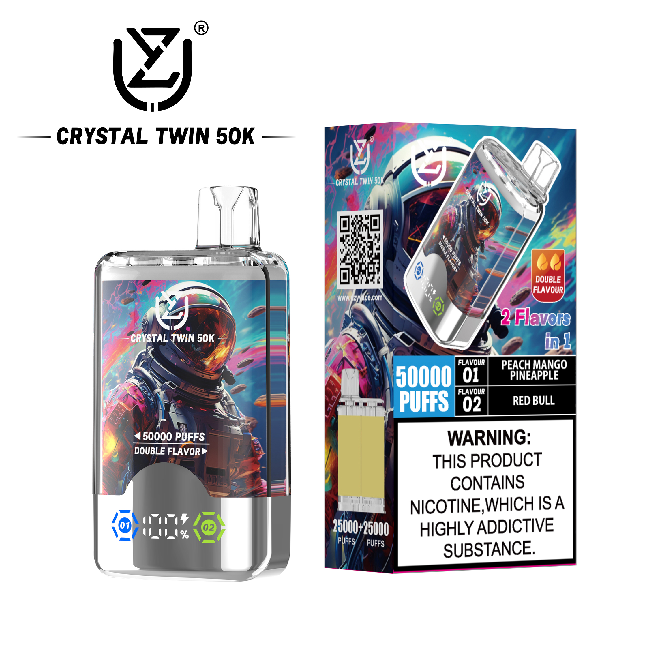 （3 pieces）UZY Crystal Twin 50000 50k Puffs Double Taste LED Display Disposable Vape