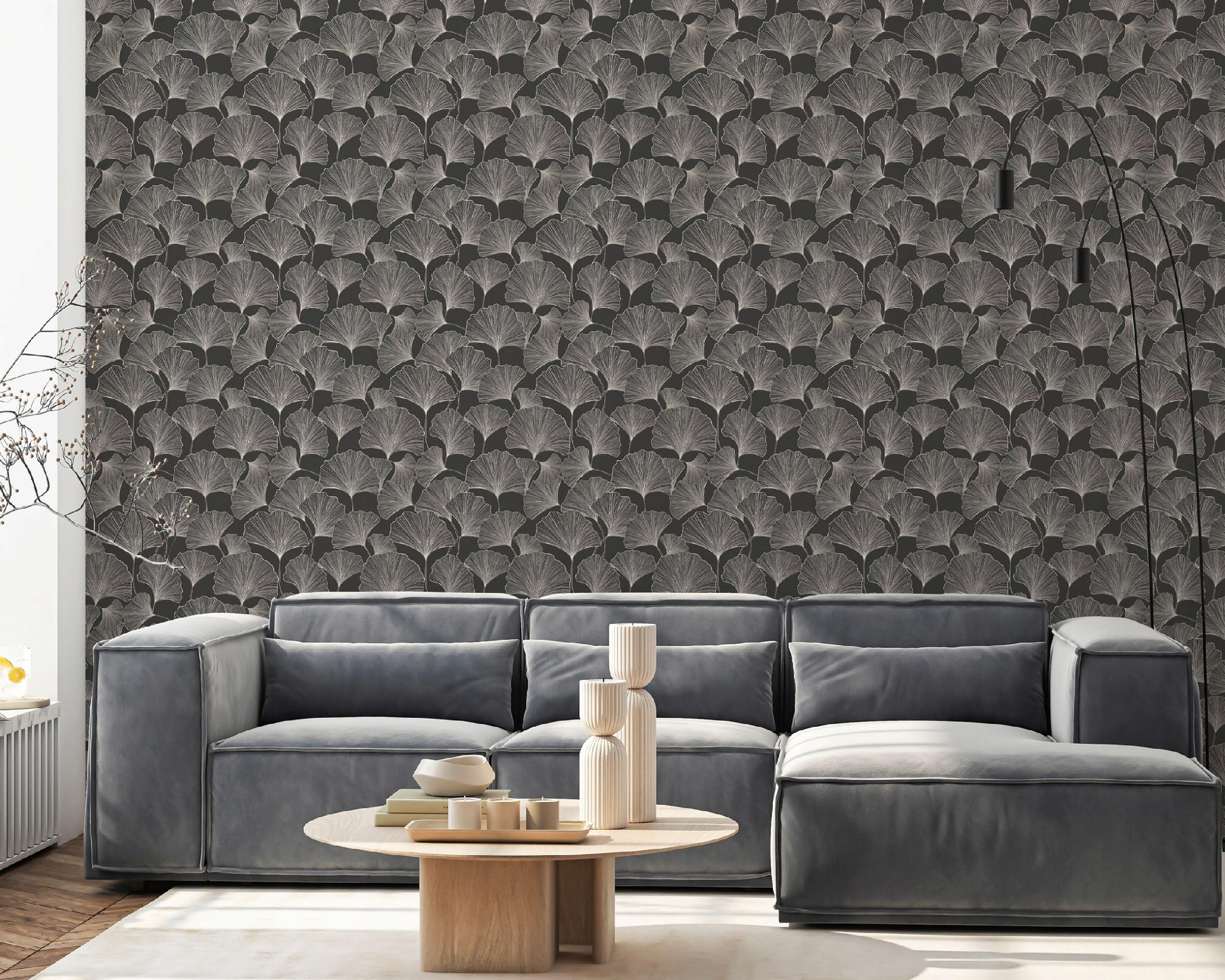 Wallpaper featuring ginkgo biloba line art on non-woven fabric for the living room or bedroom