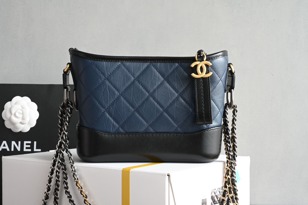 Small Gabrielle Hobo Bag in Navy Blue and Black Quilted Aged Calfskin with Gold-Tone and Silver-Tone Metal (Model A91810) - Mocuir