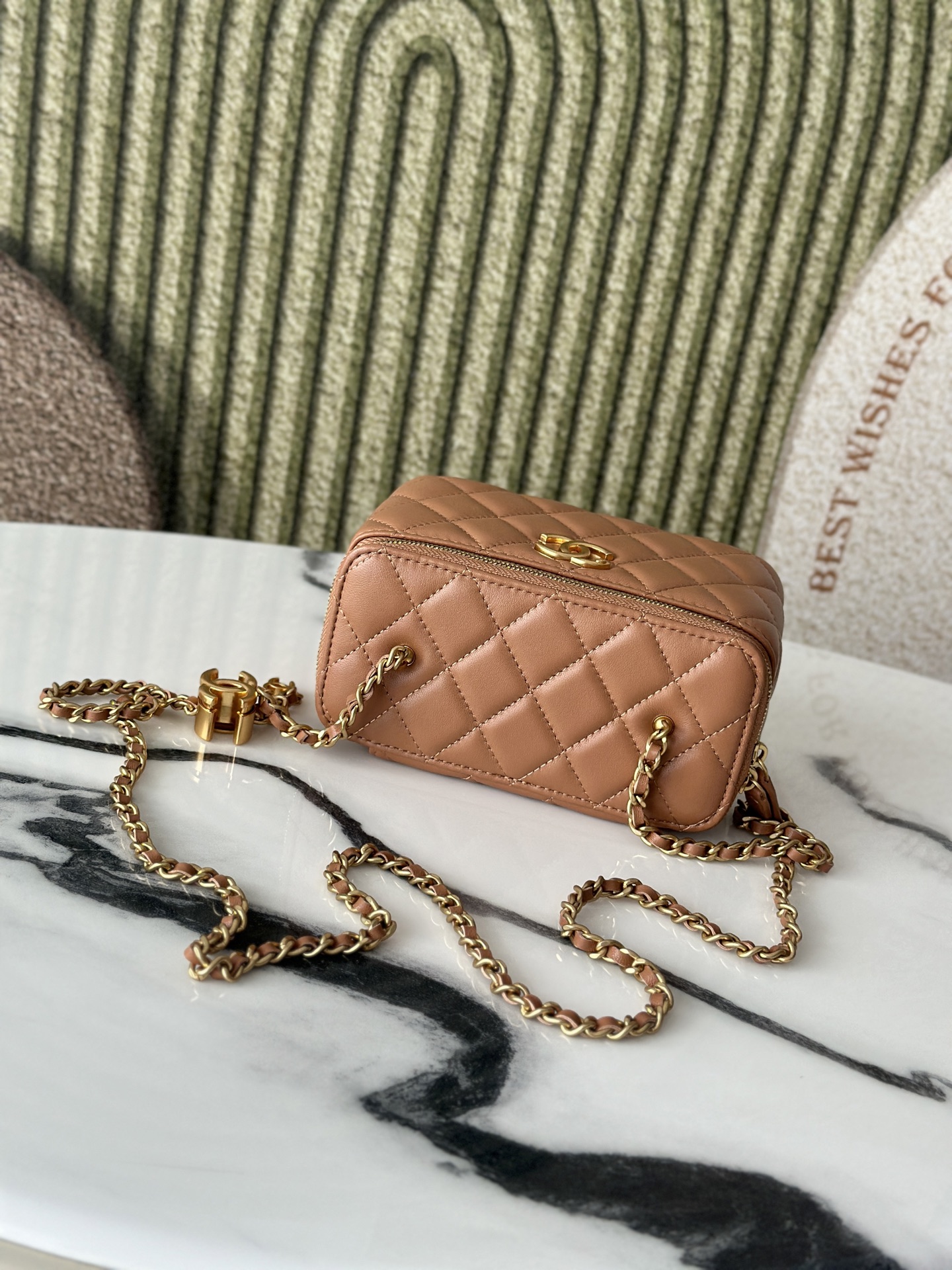 25B Caramel Quilted Lambskin Mini Vanity Case with Adjustable CC Chain and Gold-Tone Hardware - Mocuir