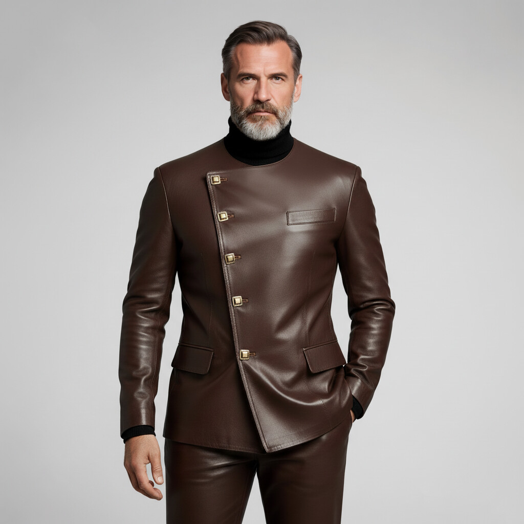 Men's Business Brown Round Neck Long Sleeve Asymmetrical Button PU Leather Jacket