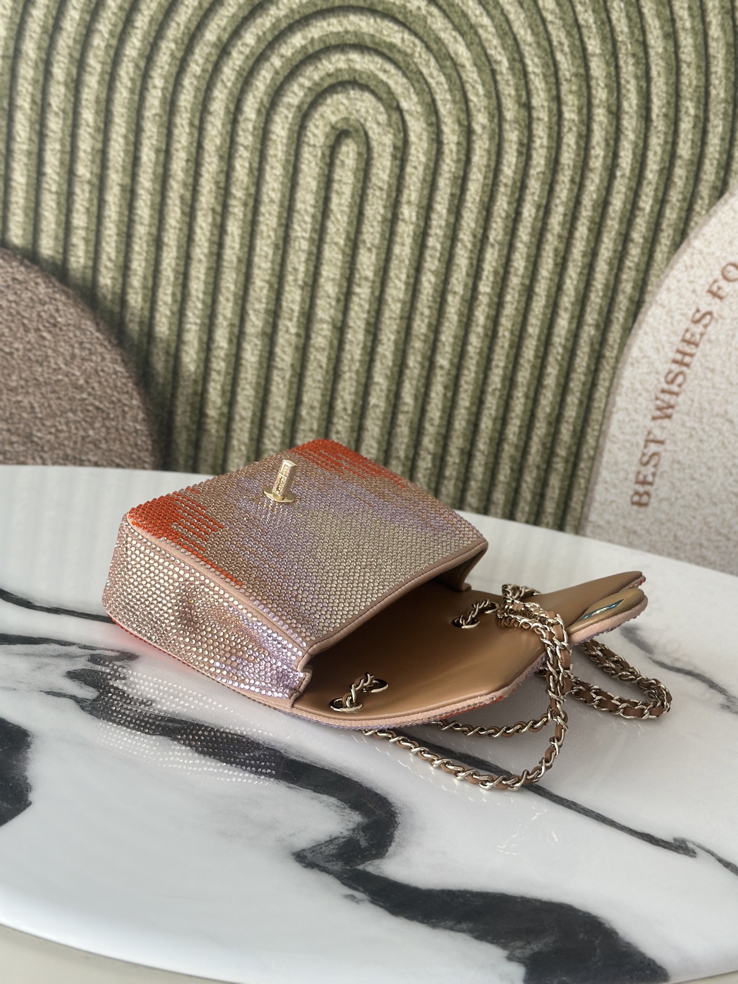 Classic Flap Mini Bag in Nude Plaid Strass Crystal Embellished Suede (Gold Hardware) - Mocuir