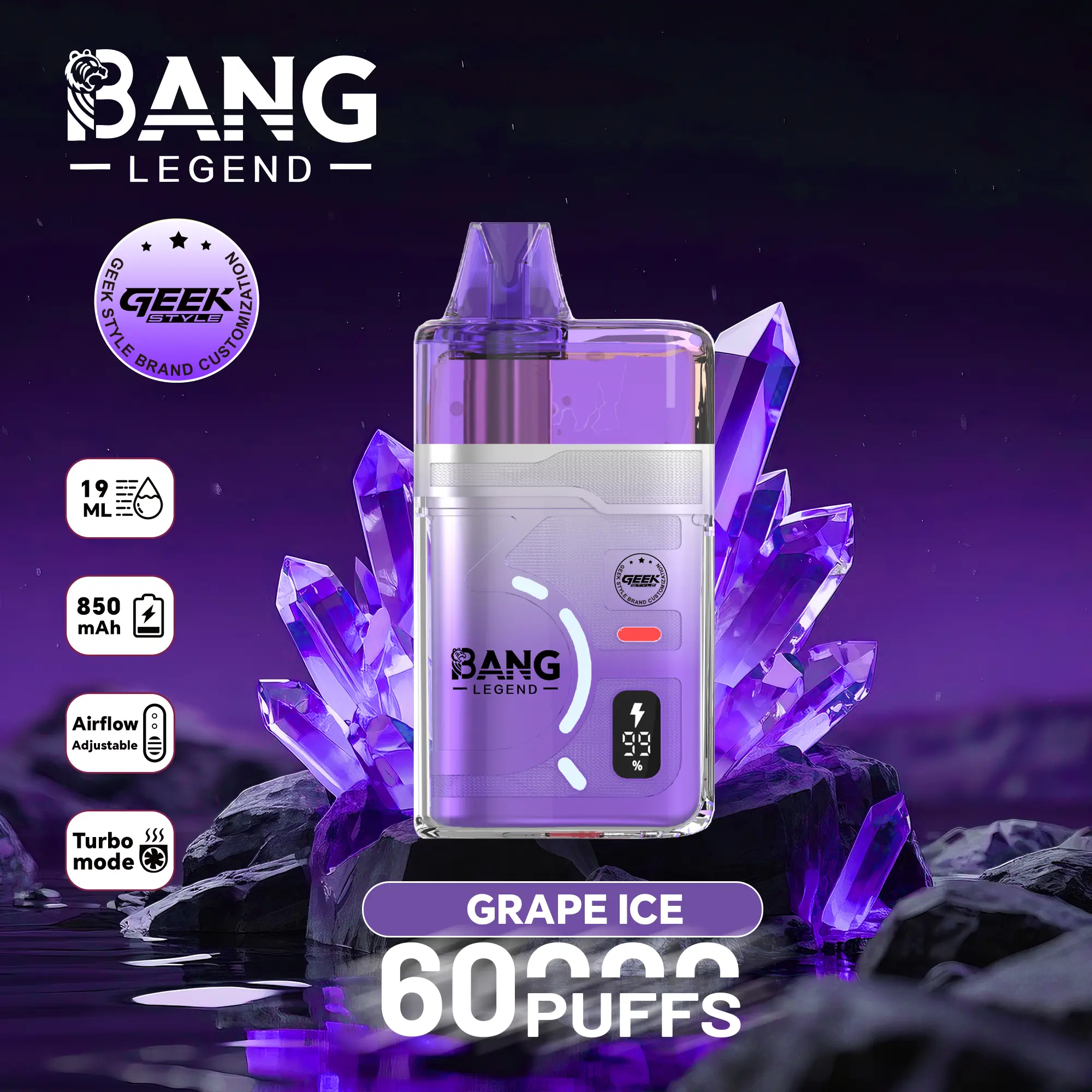 【New Arrive】Bang Legend Geek 60000 60K Puffs Airflow Adjustable & Turbo Mode Disposable Vape
