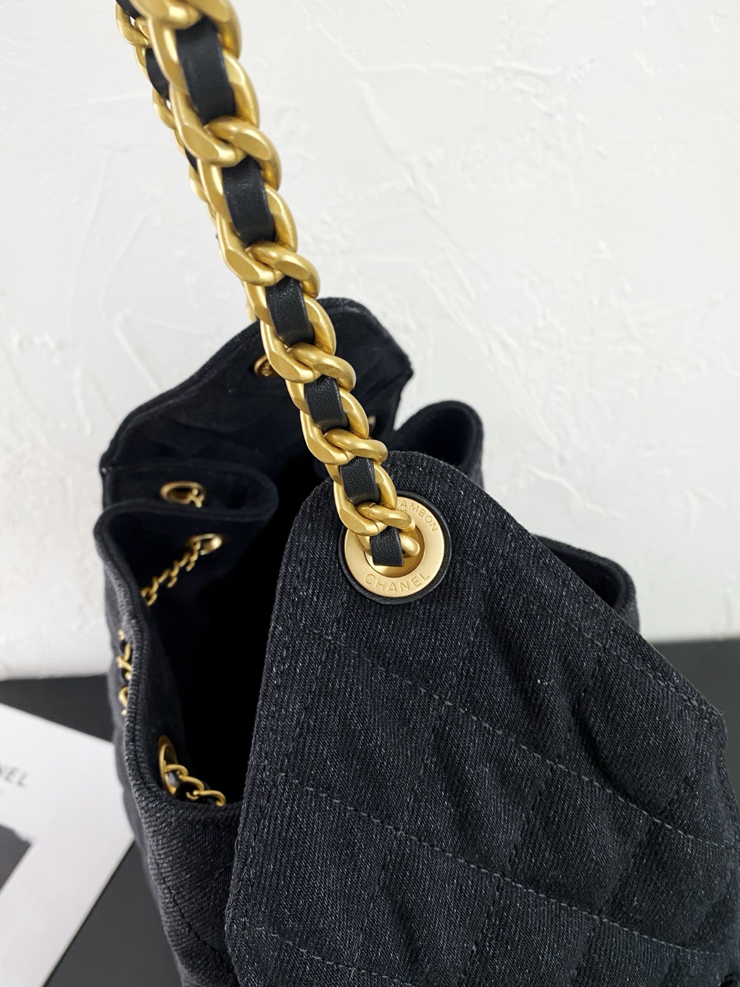 25C Small Hobo Bag in Black Washed Denim with Antique Gold Hardware (Model AS5293) - Mocuir