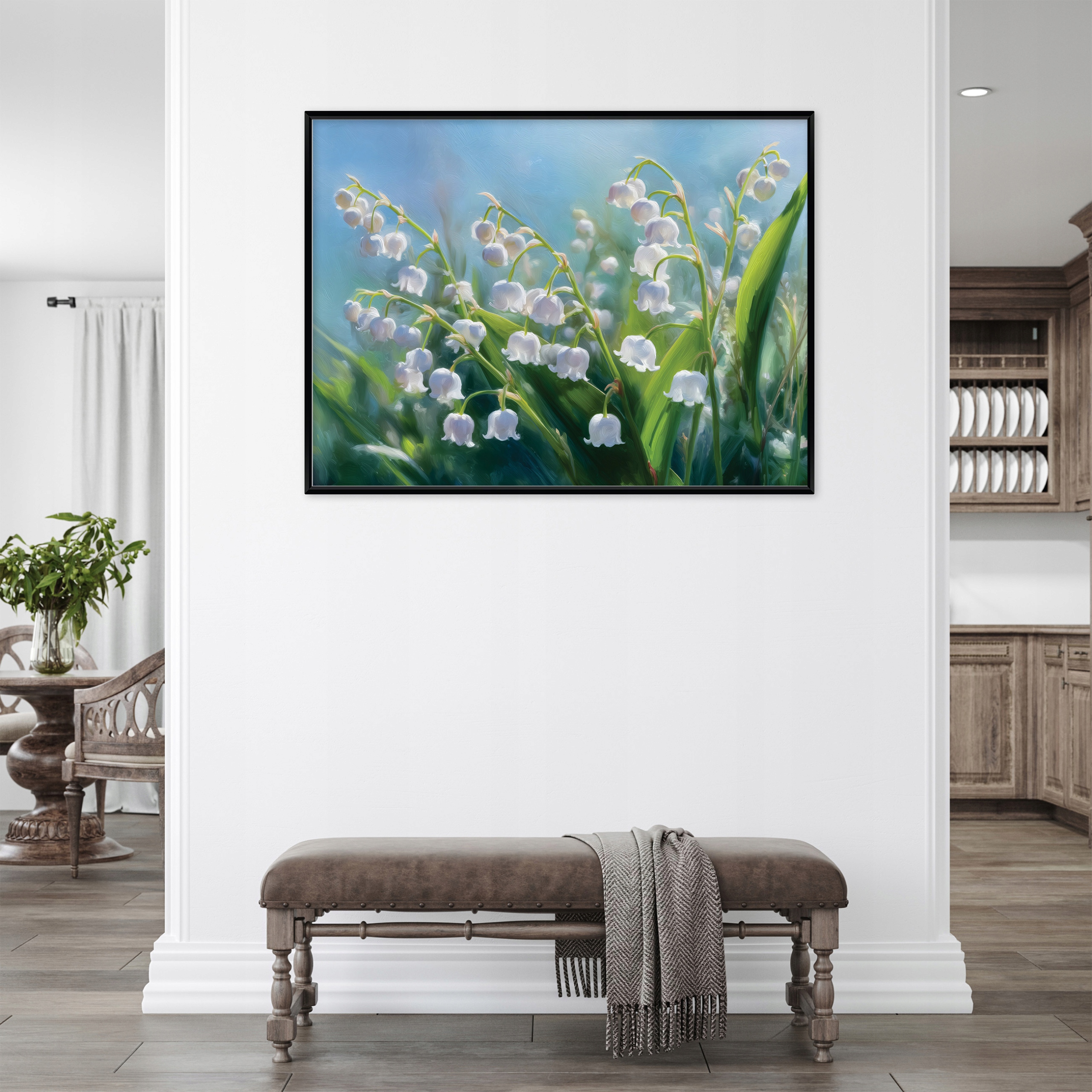 Black-framed canvas painting of snowdrops, living room, bedroom, 40x30