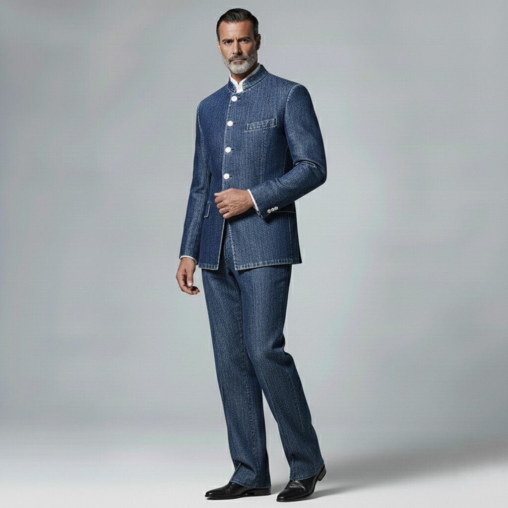 Men's Business Blue Denim Stand Collar Single Breasted Long Sleeve Blazer & Straight Jeans 2Pcs Set