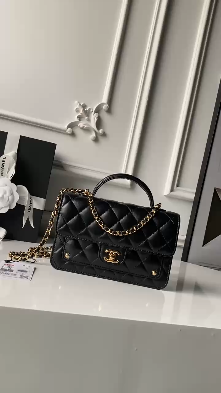 Mini Top Handle Flap Messenger Bag in Black Quilted Lambskin with Light Gold-Tone Hardware - Mocuir