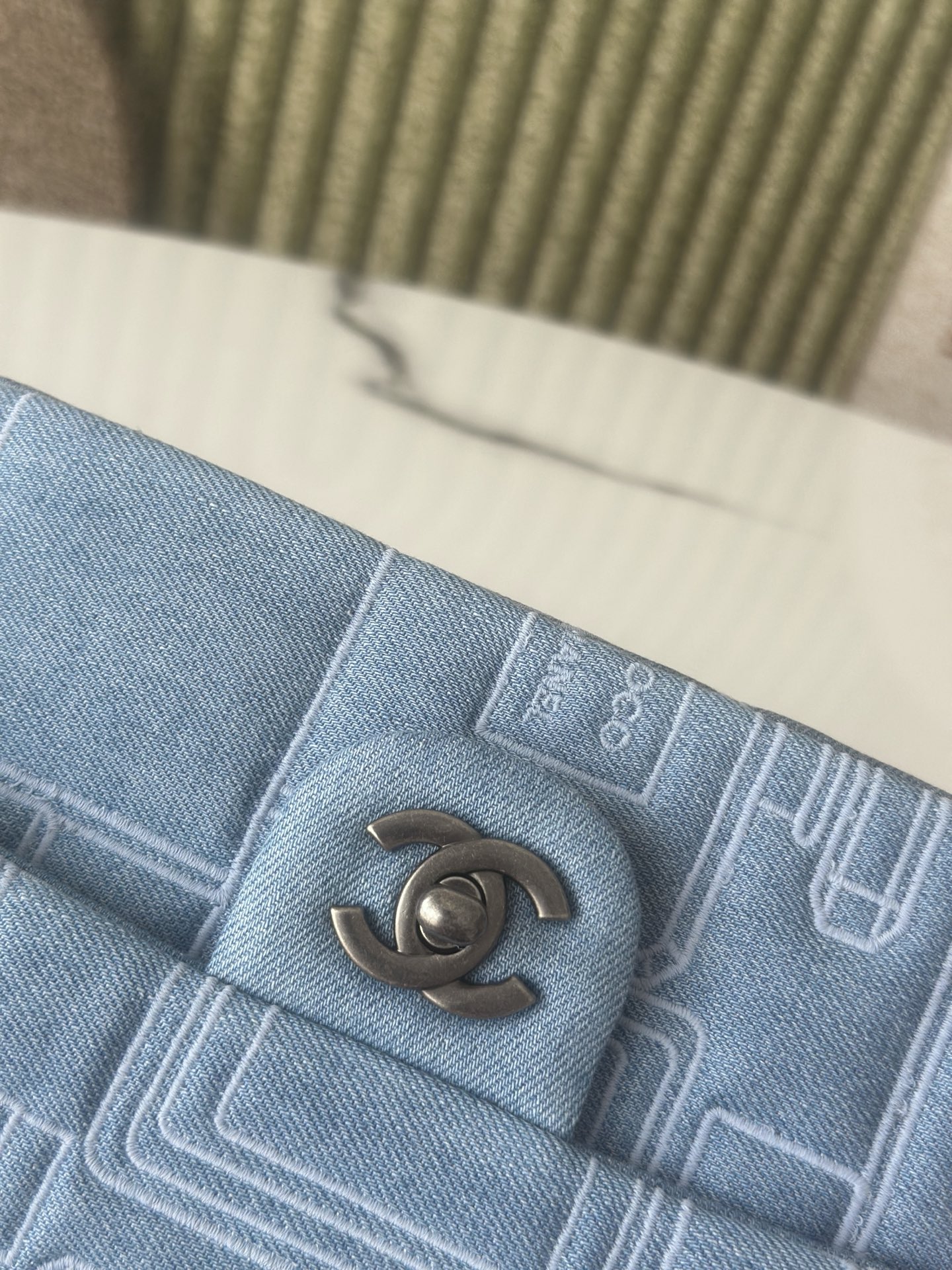 Classic Single Flap Bag in Light Blue Denim with Perfume Bottle Print (Silver Hardware) - Mocuir