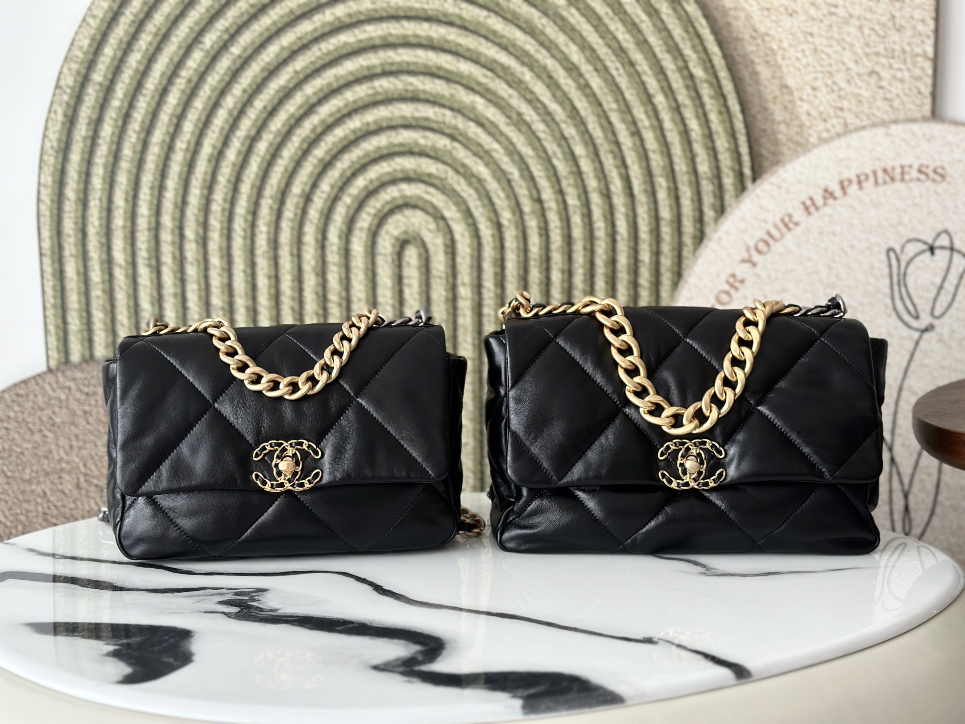 19 Black Goatskin Quilted Flap Bag with Mixed Metal Hardware - Mocuir