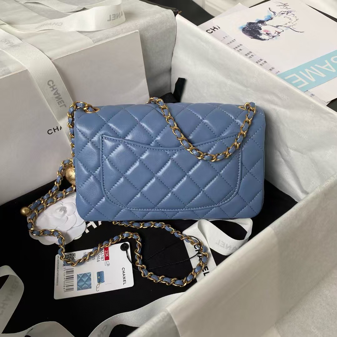 23K AS1787 Mini Pearl Embossed Rectangular Flap Bag Lambskin Brushed Metal Hardware Blue
