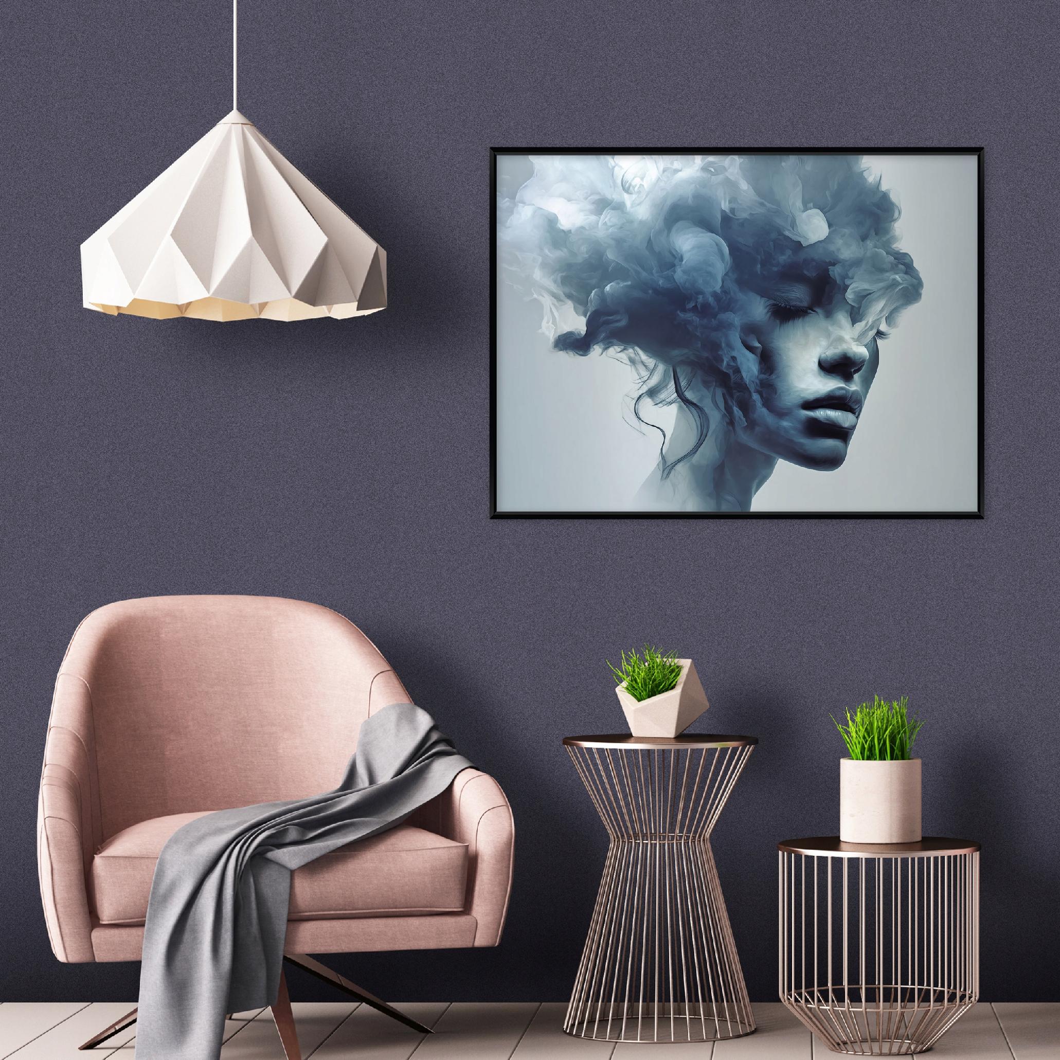 Black-framed canvas painting of a woman's face, smoke, living room, bedroom, 40x30