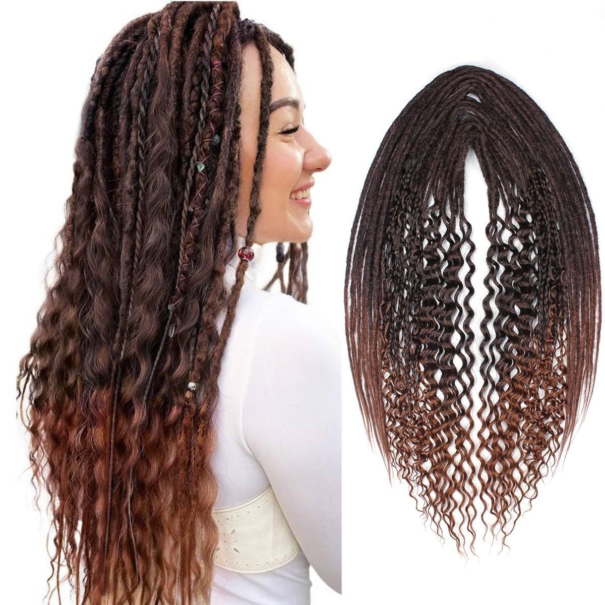 24 Inch 3 In 1 Dreadlock Extensions Sets, 30 Strands Mixed Ombre Auburn Synthetic DE Dreads Extensions, 100% Handmade Soft Double Ended Curly Boho Wavy Dreads for Girls