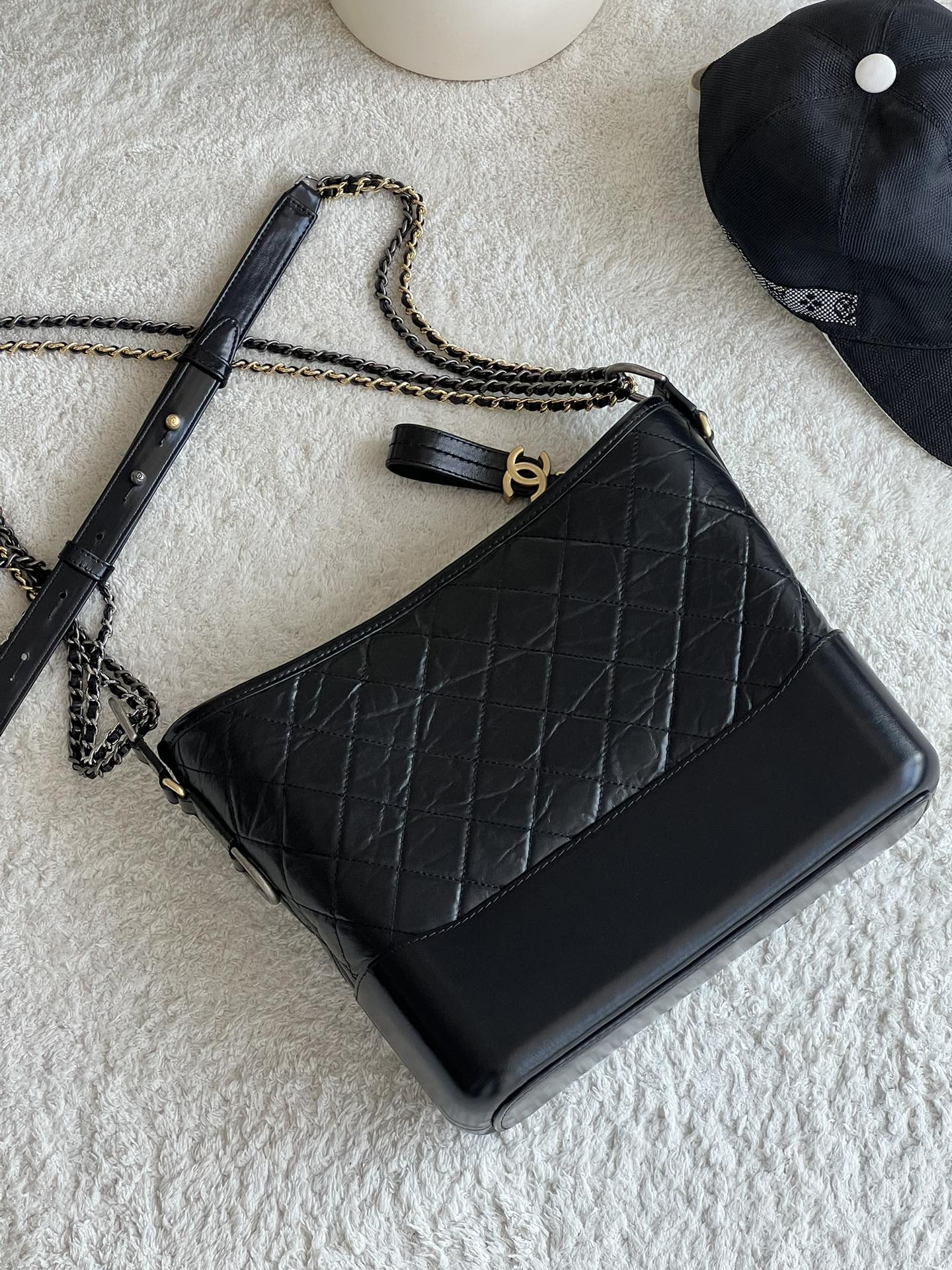 Gabrielle Hobo Bag, Black Quilted Aged & Smooth Calfskin with GoldSilver Two-Tone Hardware - Mocuir
