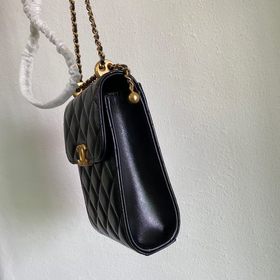 Classic Quilted Lambskin Phone Holder with Gold Ball Chain in Black (Gold Hardware) - Mocuir