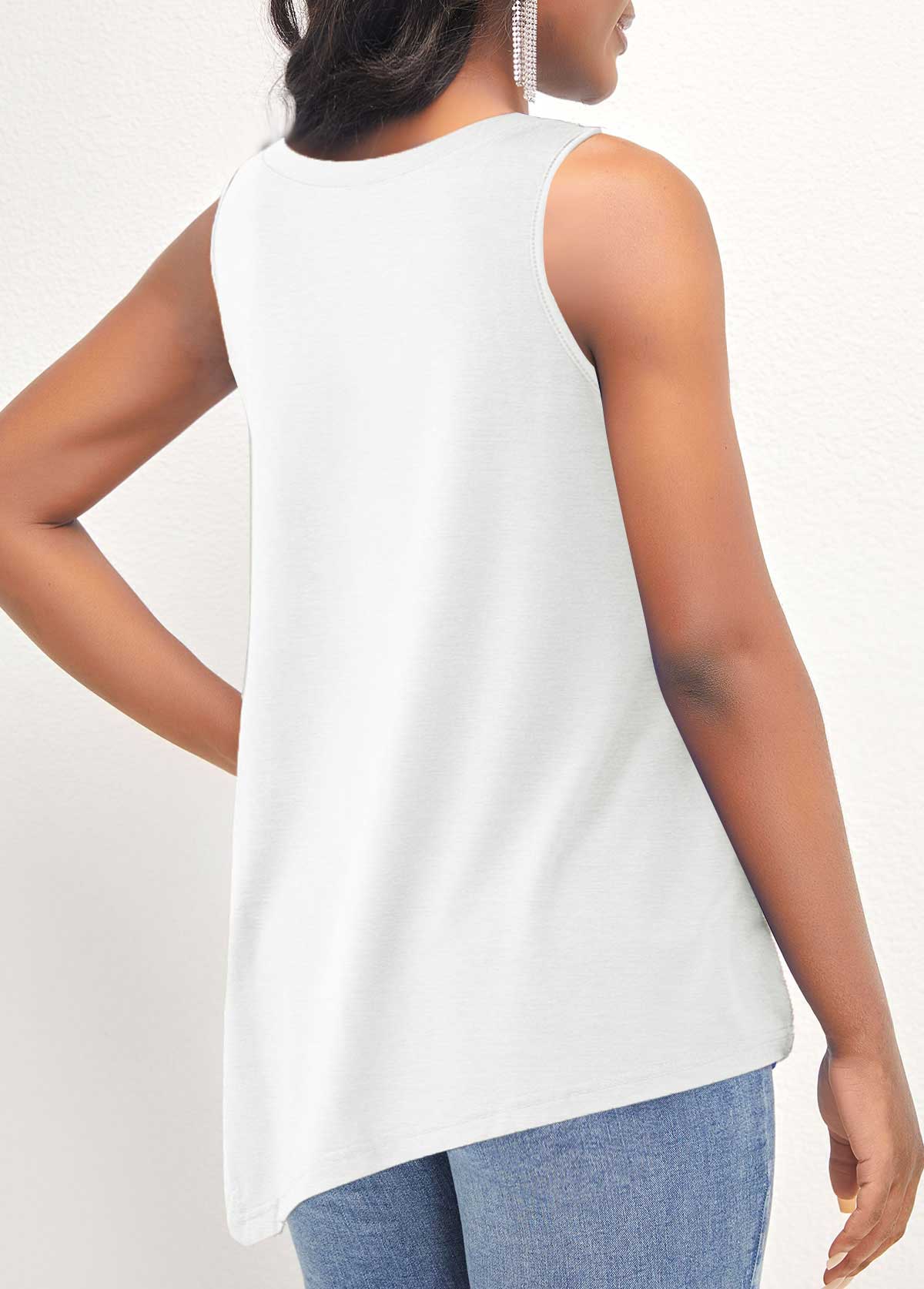 Asymmetric Hem Decorative Button White Tank Top