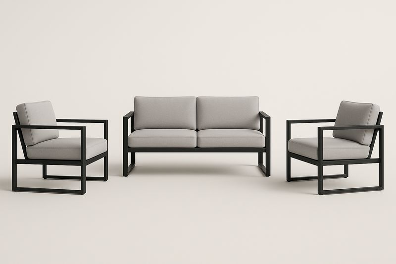 Set Divano con Struttura in Alluminio Nero e Cuscini in Tessuto Grigio