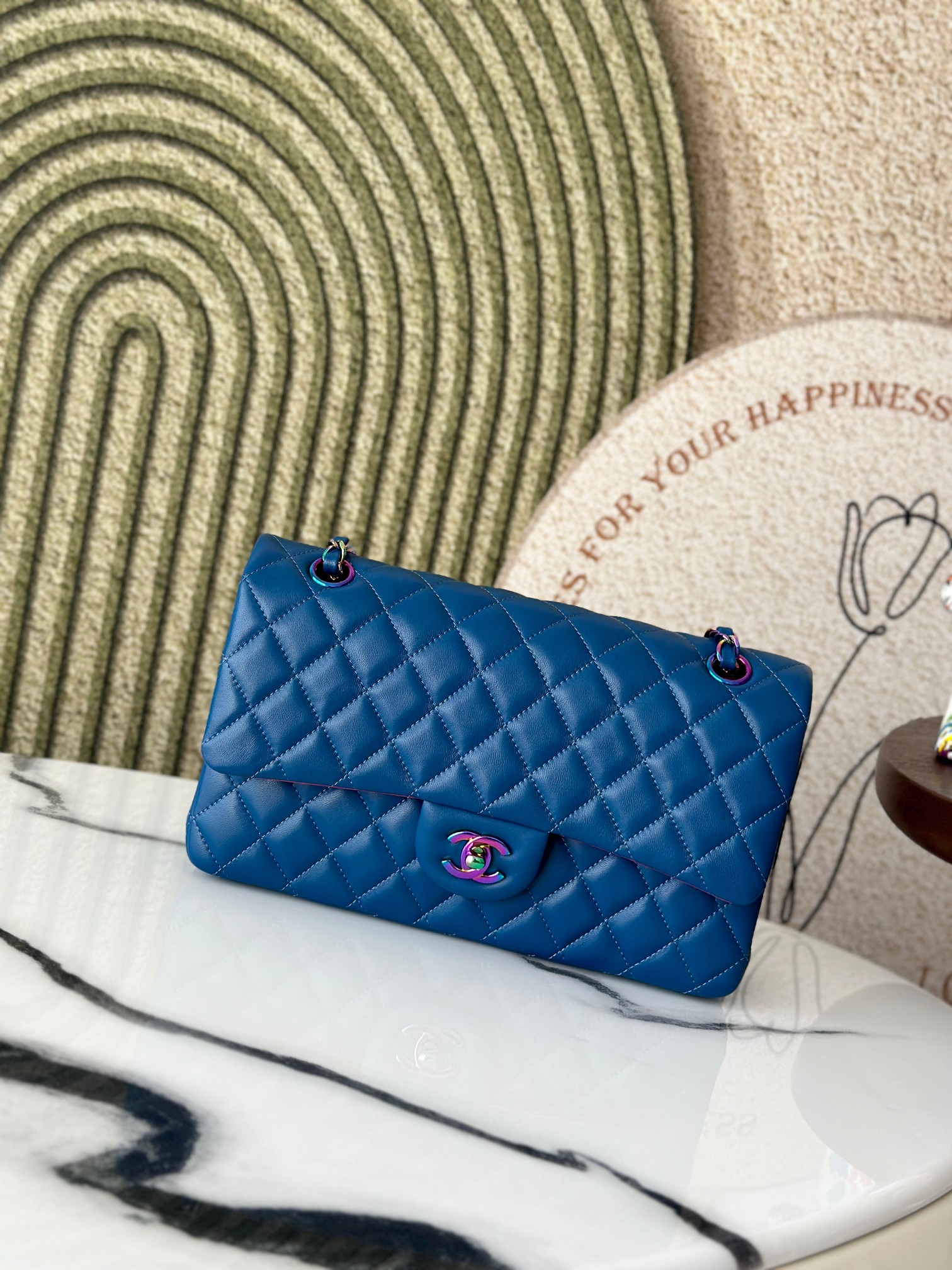 Classic Flap Medium Bag in Electric Blue Lambskin with Iridescent Rainbow Hardware (Model A01112) - Mocuir