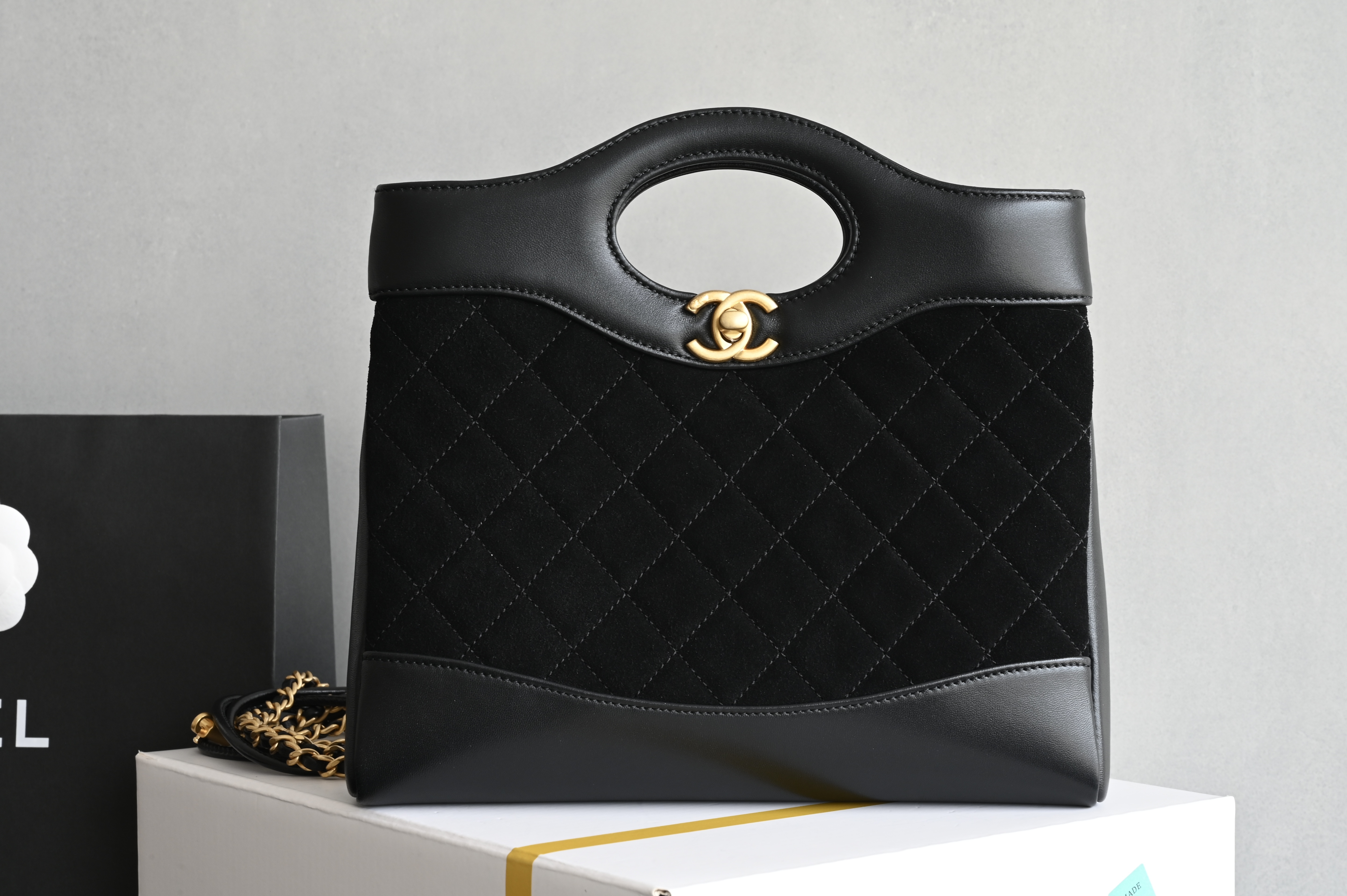 31 Mini Shopping Bag in Black Suede  Lambskin with Gold-Tone Hardware (Model AS4133) - Mocuir
