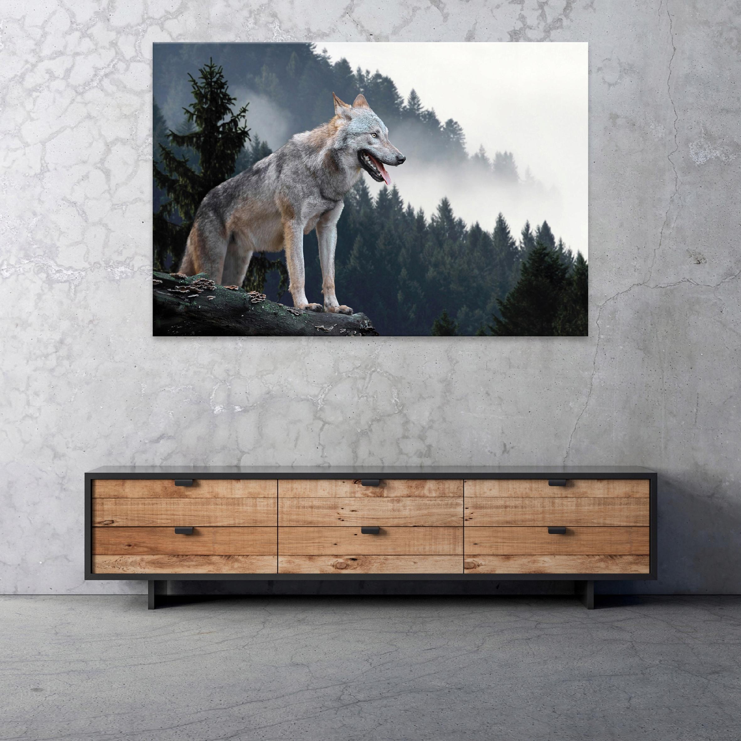 Canvas painting: wolf, mountains, forest in fog, large, 60x40