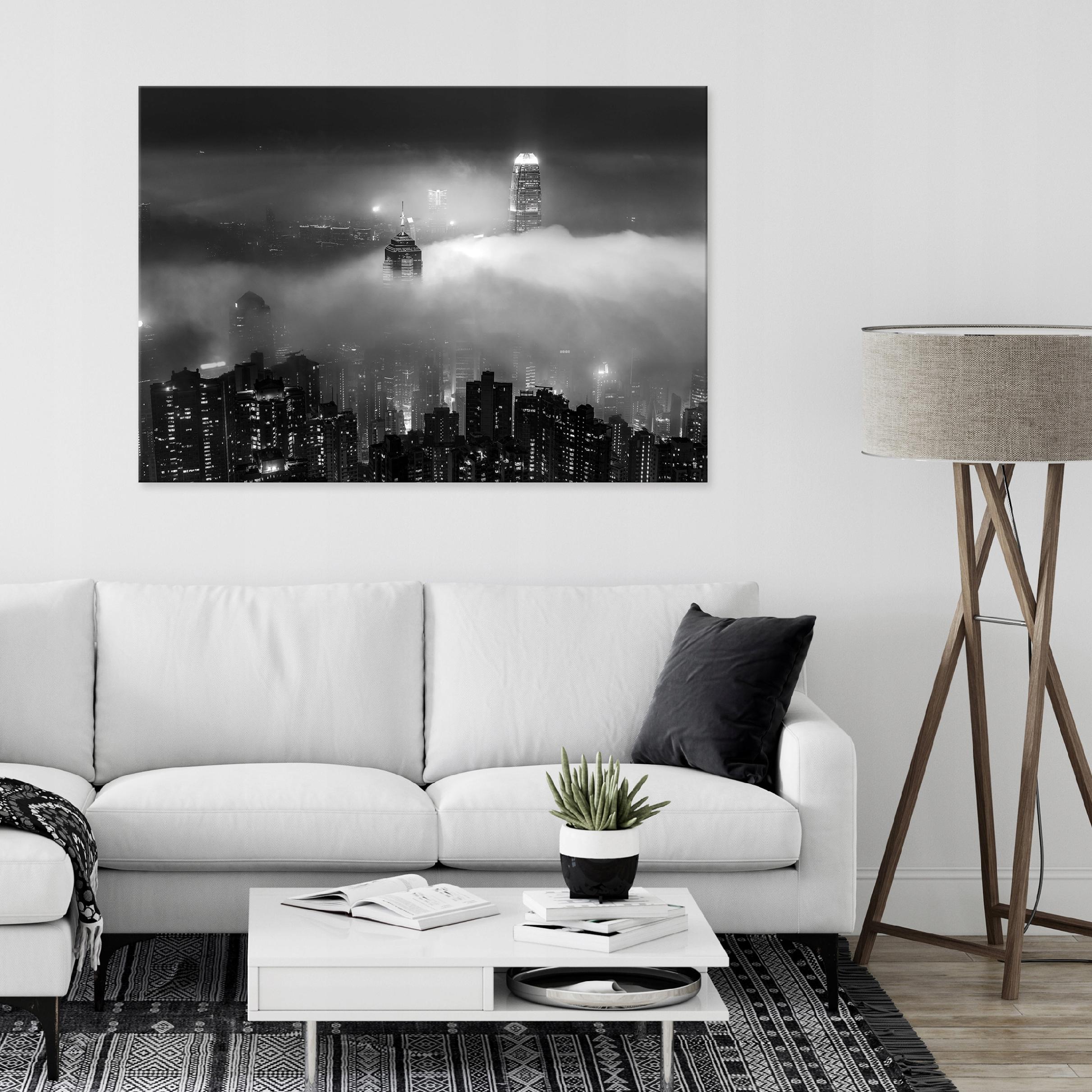 Painting of a city at night with fog on canvas, wall size 60x40