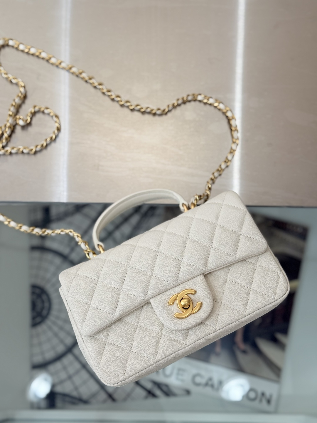 2025C CC Top Handle Small Bag (AS5265) in White Grained Calfskin with Antique Gold-Tone Hardware - Mocuir