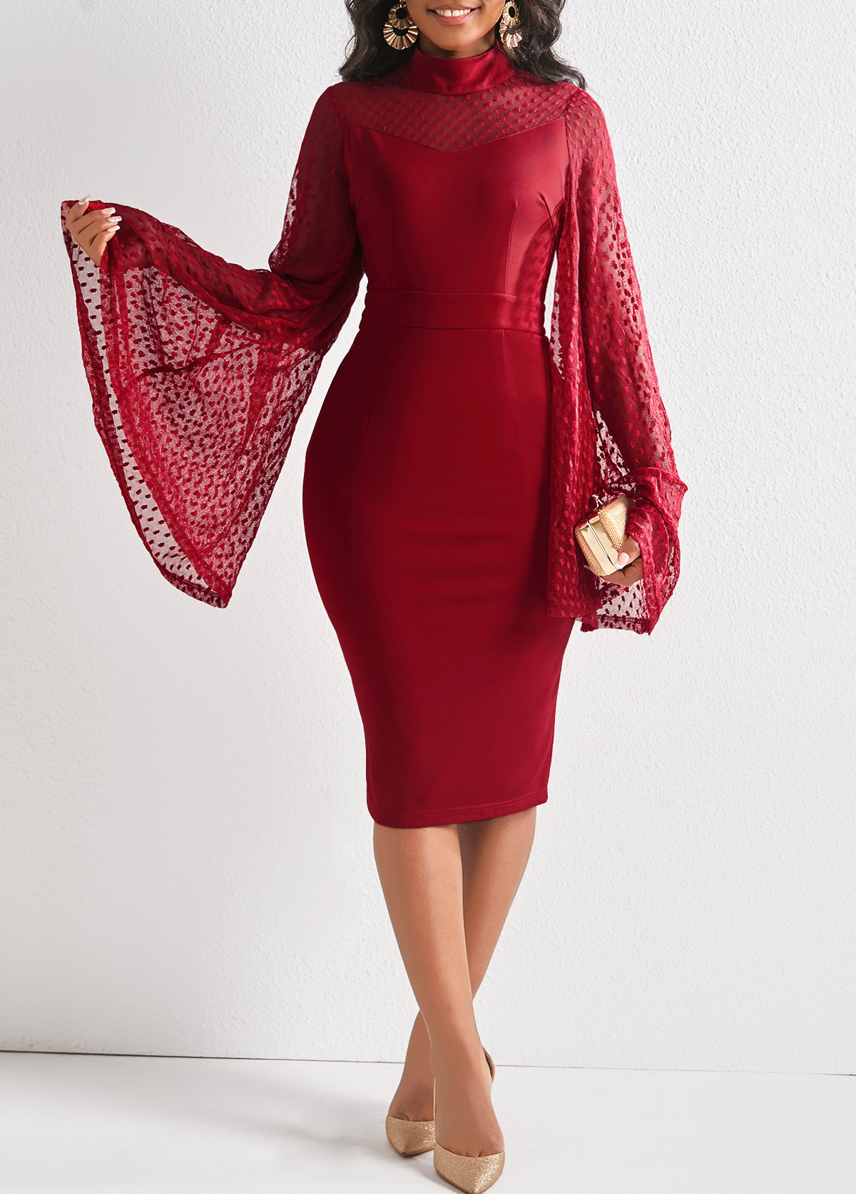 Wine Red Long Sleeve Sheath Dress