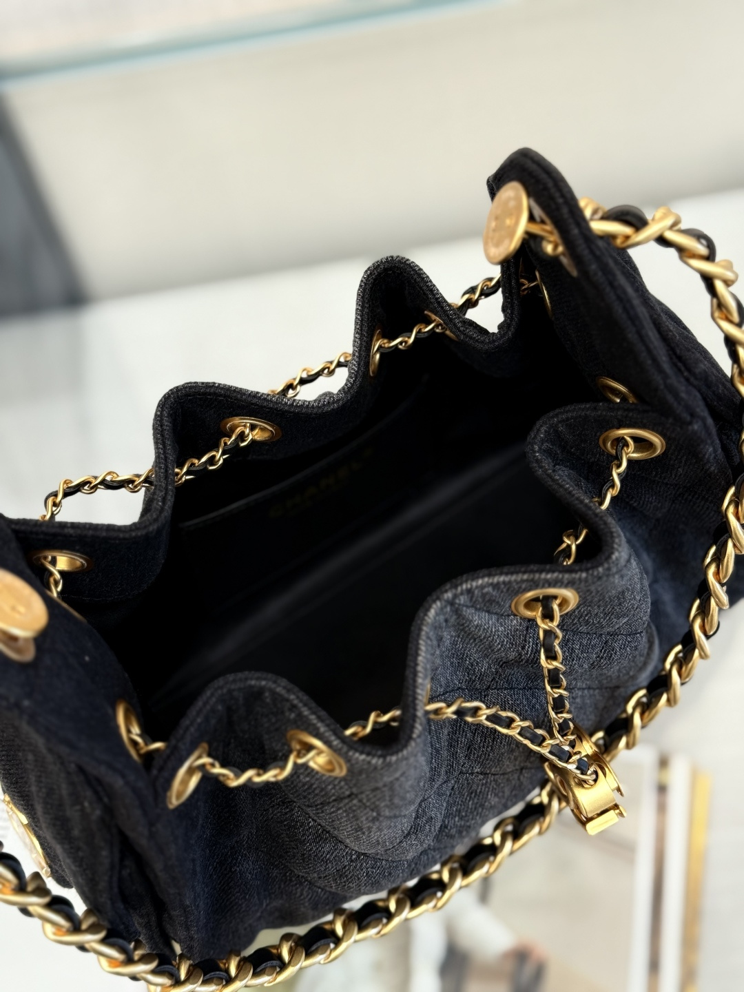 25 Small Hobo Bag (AS5293) in Black Washed Denim & Antique Gold-Tone Hardware - Mocuir