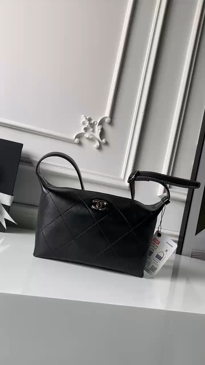 26P Hobo Bag in Black Shiny Lambskin with Light Gold-Tone Hardware - Mocuir