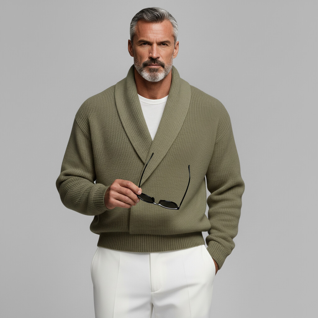 Men's Sage Green Shawl Lapel Wrap Long Sleeve Ribbed Knit Sweater