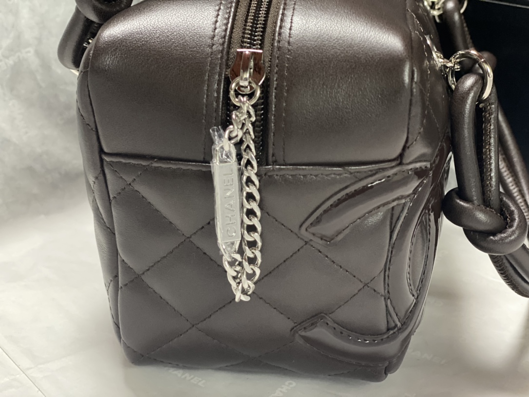 Cambon Mini Quilted Lambskin Boston Bag in Dark Brown (Silver Hardware) - Mocuir