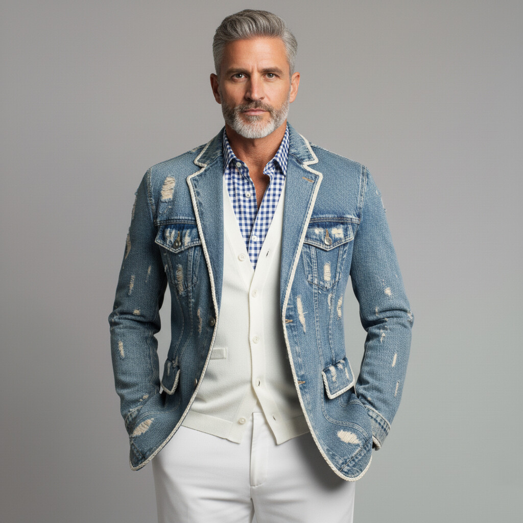 Men's Blue Notch Lapel Long Sleeve Two Button Ripped Denim Blazer