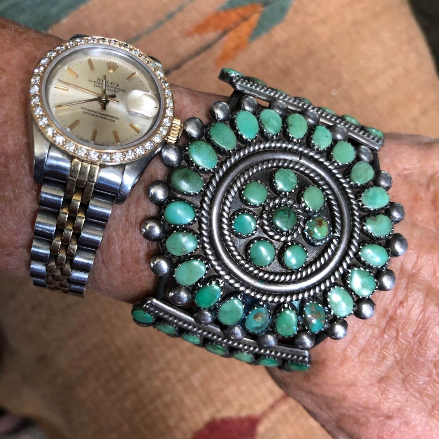 Vintage Mint Green Turquoise Rosette Bracelet Sterling Silver