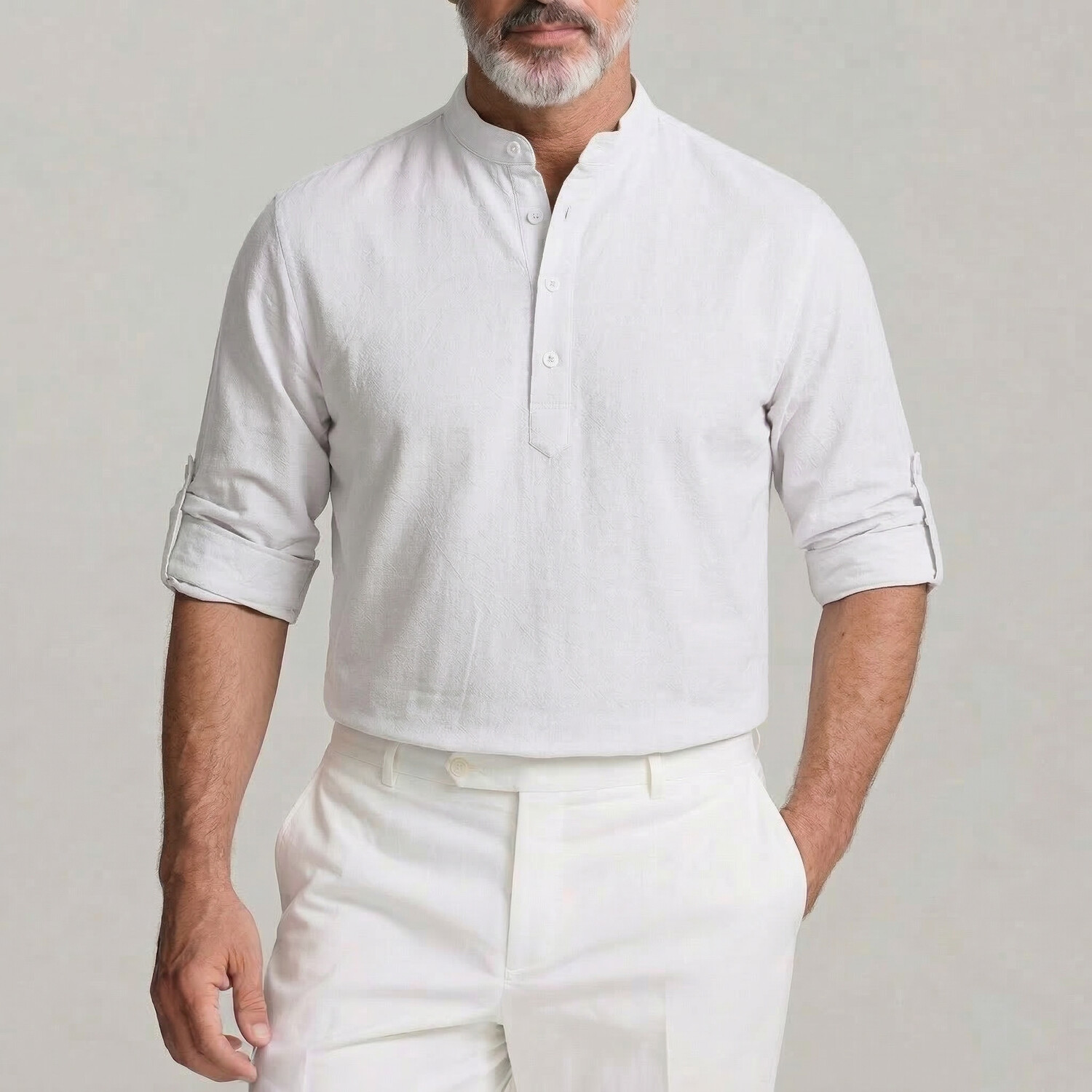 Men's Solid Color Stand Collar Half Placket Roll Tab Long Sleeve Shirt